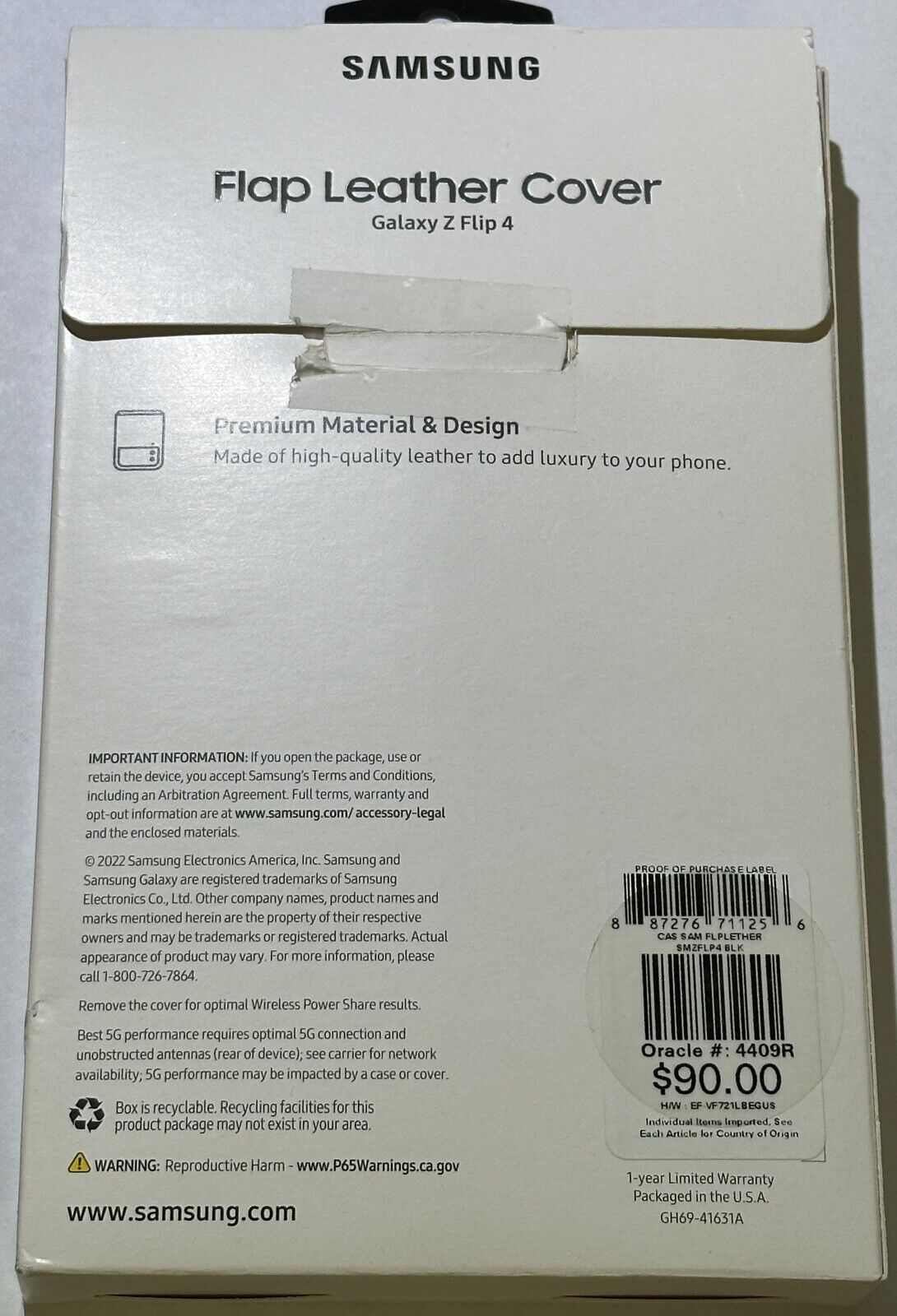 Genuine Samsung Flap Leather Cover for Galaxy Z Flip4 EF-VF721LBEGUS - Black VG