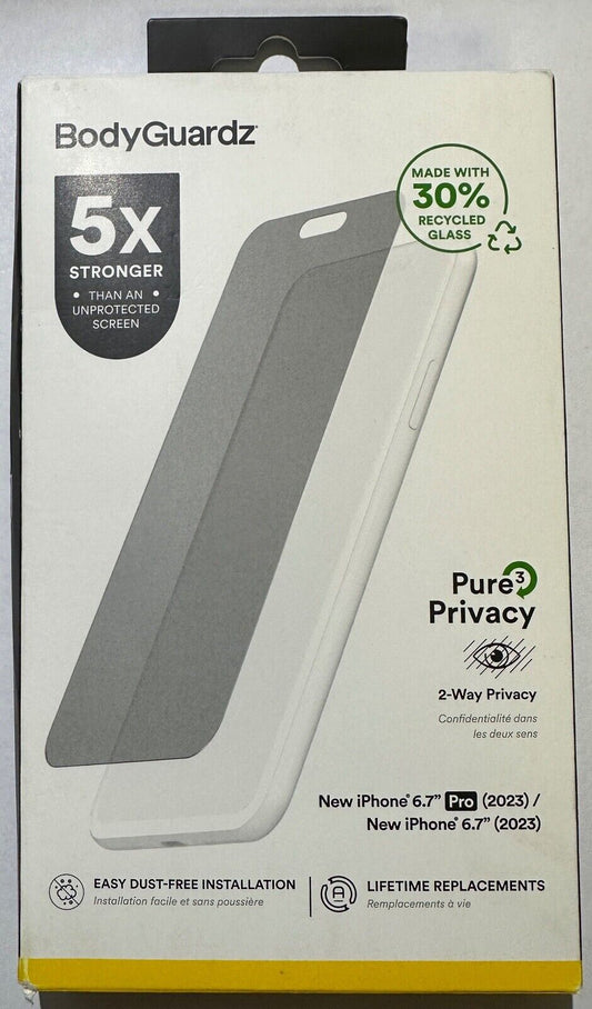 BodyGuardz Pure 3 Privacy Screen Protector for Apple iPhone 15 Pro Max (6.7")