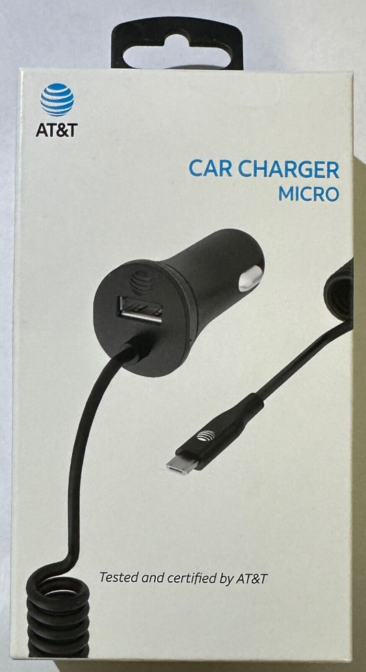 NEW AT&T Car Charger w/ 7ft Corded Micro USB Cable & USB-A Port 5v 2.4A 12W x 2